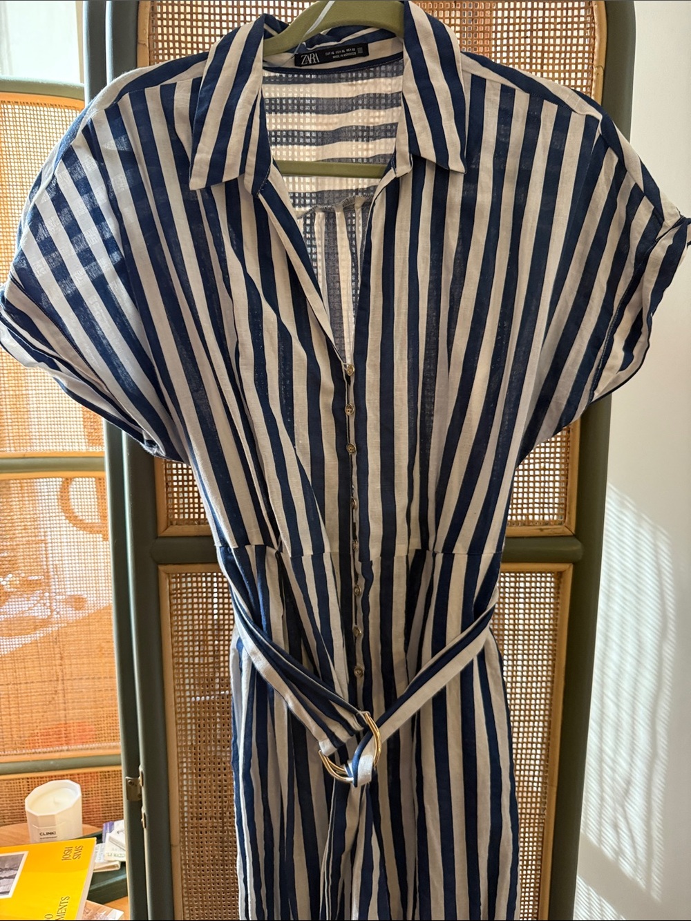 Zara Striped Linen Blend Shirt Dress Blue White Belted Maxi XL 8092/469 - Picture 7 of 8
